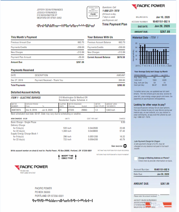 USA PACIFIC POWER utility bill Word and PDF template